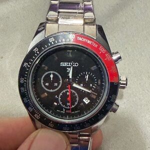 Seiko Black Dial Stainless Steel Chronograph Watch with Red Accent